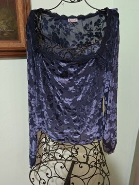 Loved You First Free People Sheer Deep Blue Floral Burnout Top with Lace L